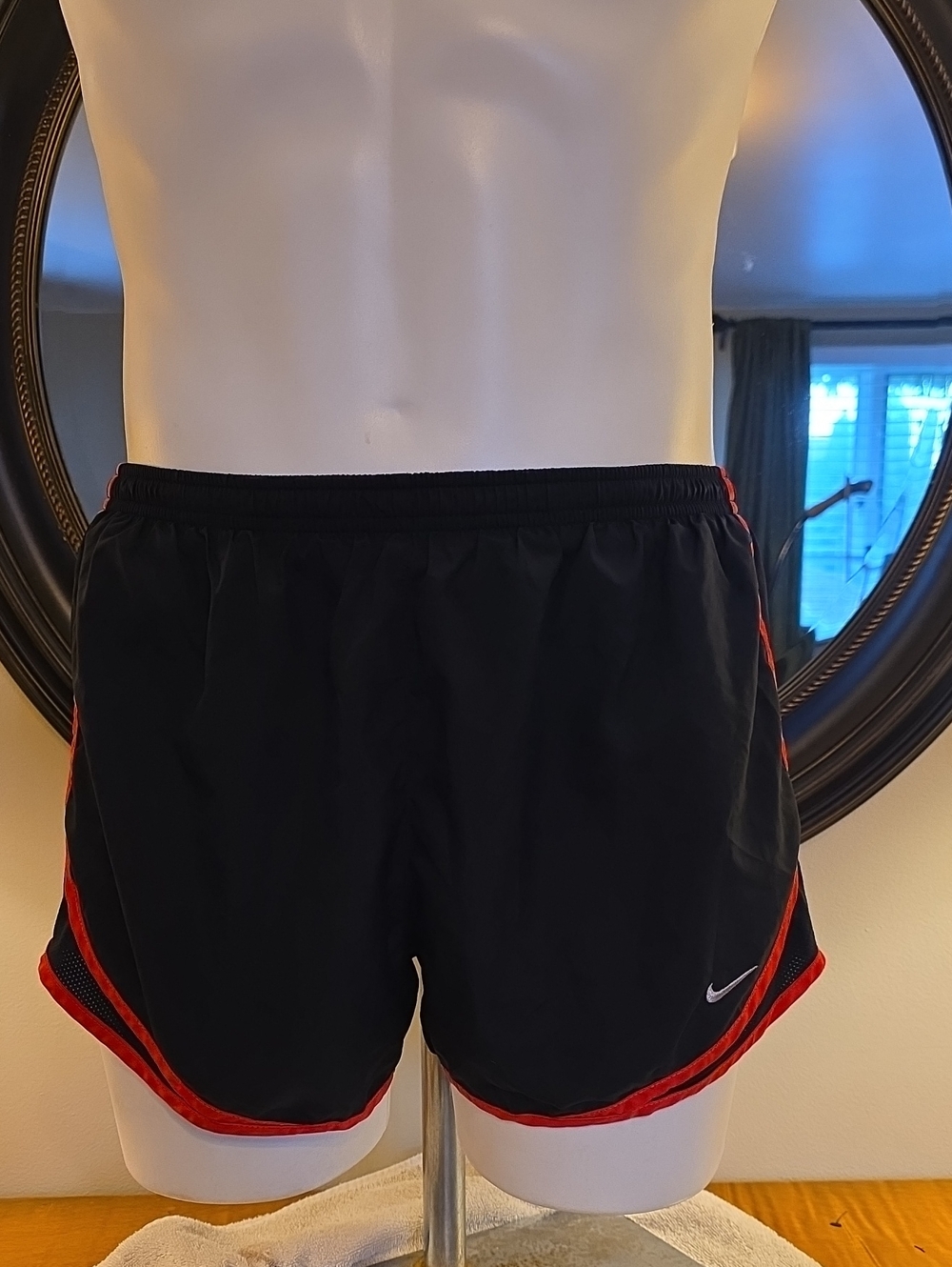 Nike Black Running Shorts with Red Trim and White Swoosh